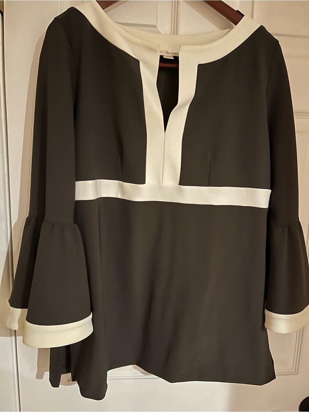 Boston Proper Olive Green Tunic with White Trim and Bell Sleeves